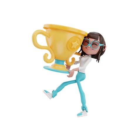 La empresaria levanta el trofeo y sonríe.  3D Icon