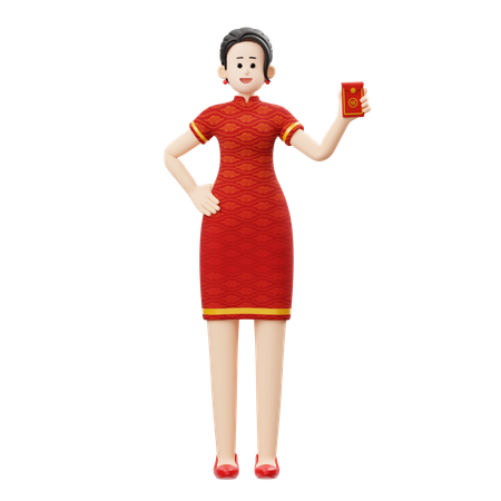 Une femme du Nouvel An chinois tient Angpao  3D Illustration