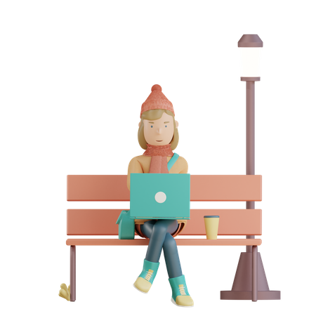 La fille travaille en utilisant un ordinateur portable dans le parc  3D Icon