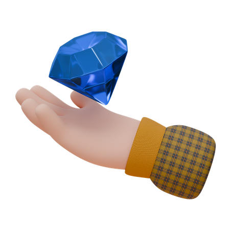 La mano sostiene un gran diamante azul.  3D Icon