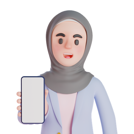 La mujer musulmana muestra la pantalla del teléfono inteligente en blanco  3D Icon