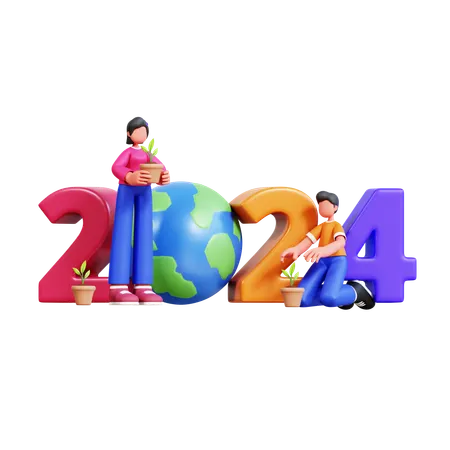 Una pareja celebra el año nuevo cultivando más árboles  3D Illustration