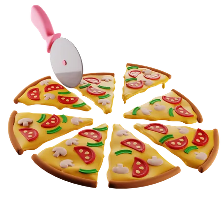 La pizza con champiñones se divide con un cuchillo para pizza en 8 porciones idénticas  3D Illustration