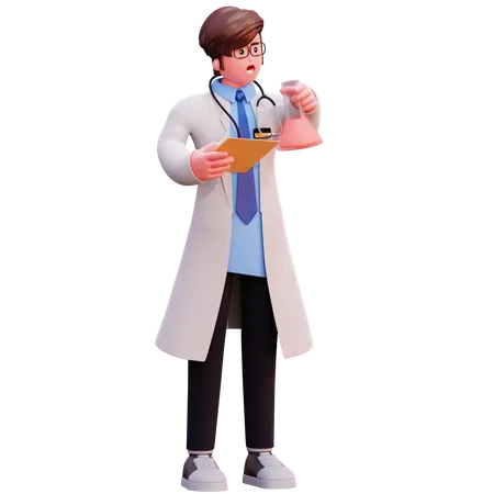 Lab assistant holding research report and test tube  3D Illustration