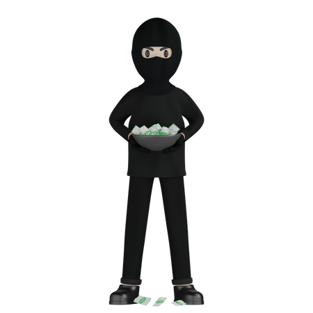 Ladrón sosteniendo un tazón de dinero  3D Illustration