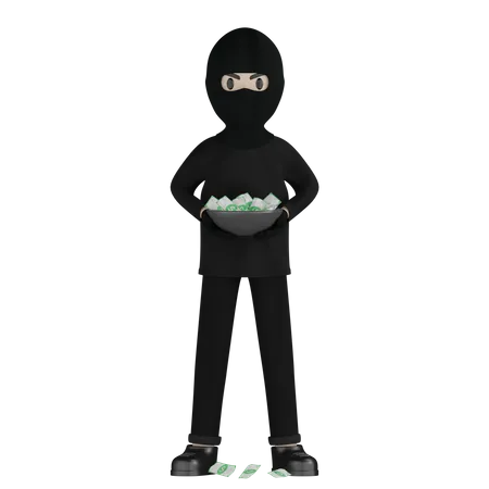 Ladrón sosteniendo un tazón de dinero  3D Illustration