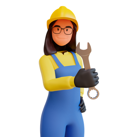Lady Construction worker holding wrench 3D Illustration