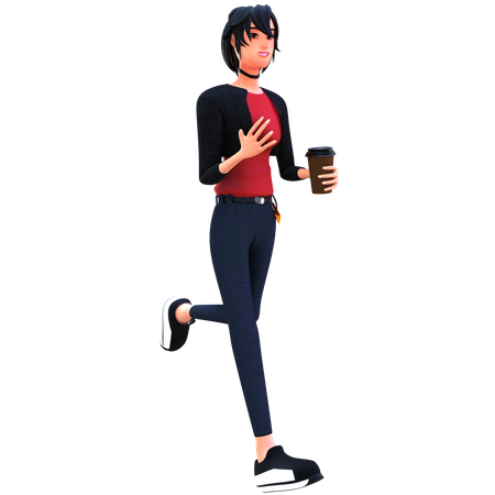 Lady holding coffee in hand and walking  3D Icon