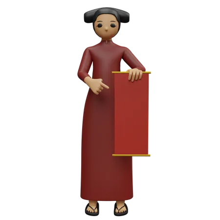 Lady pointing someting while holding banner  3D Illustration