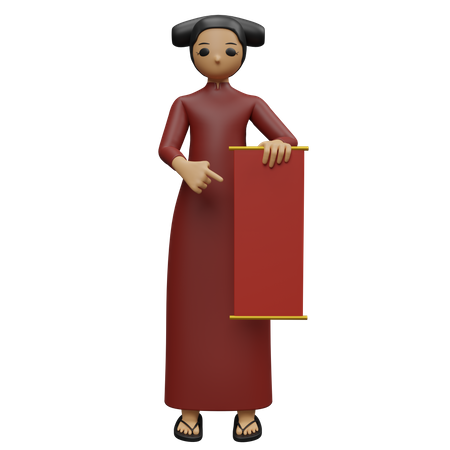 Lady pointing someting while holding banner  3D Illustration