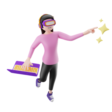 Lady working on laptop using vr headset  3D Illustration