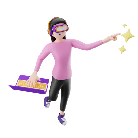 Lady working on laptop using vr headset  3D Illustration