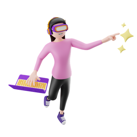 Lady working on laptop using vr headset 3D Illustration