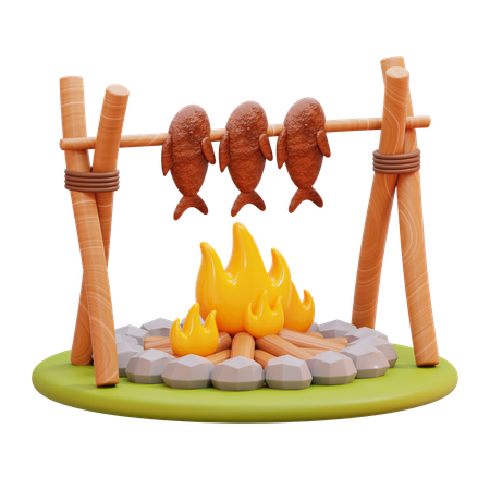 Lagerfeuer, Fisch kochen  3D Icon