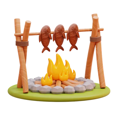 Lagerfeuer, Fisch kochen  3D Icon