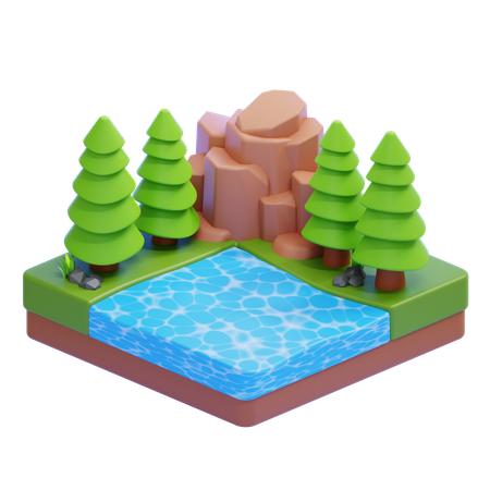 Lakeside With Rocky Hill And Pine Trees  3D Icon