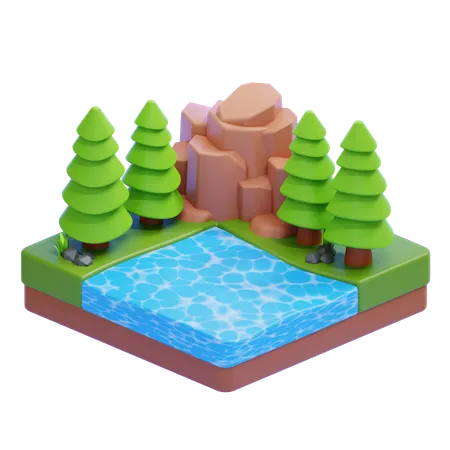 Lakeside With Rocky Hill And Pine Trees  3D Icon