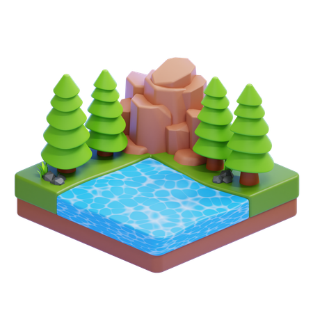 Lakeside With Rocky Hill And Pine Trees  3D Icon