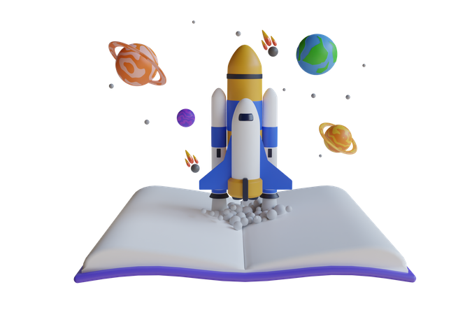 Lancement d'une fusée au sommet d'un livre  3D Illustration