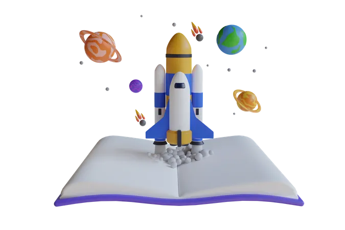 Lancement d'une fusée au sommet d'un livre  3D Illustration