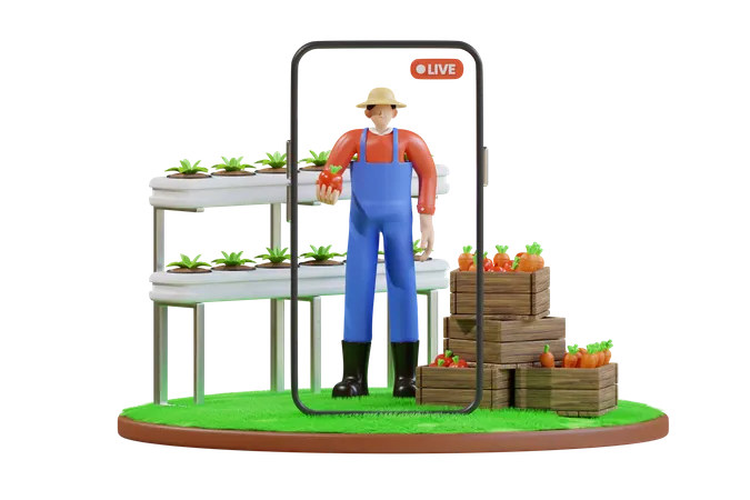 Landwirt Live-Streaming auf der Farm  3D Illustration