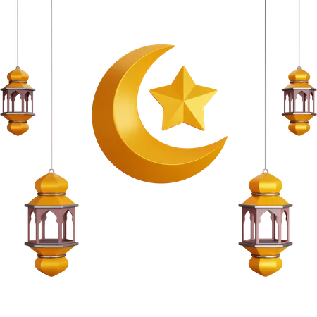 3 D Rendering Four Lantern Lights With A Crescent Moon Isolated 3D Icon