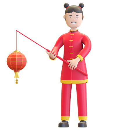 Menina chinesa segurando lanterna  3D Illustration