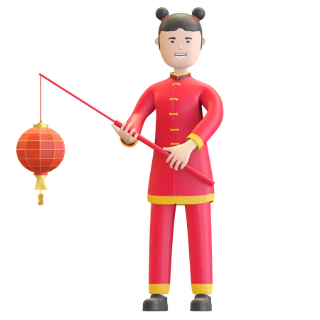 Menina chinesa segurando lanterna  3D Illustration