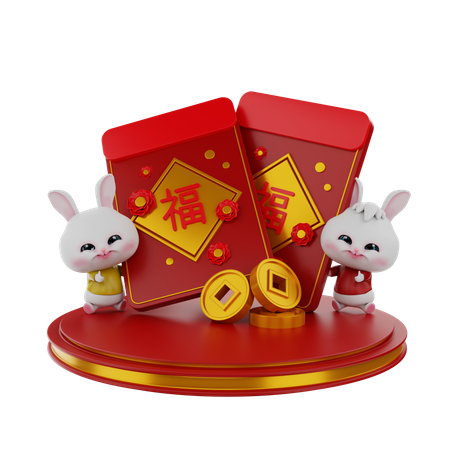 Le lapin chinois apporte de l'angpao  3D Illustration