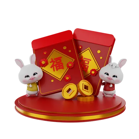 Le lapin chinois apporte de l'angpao  3D Illustration