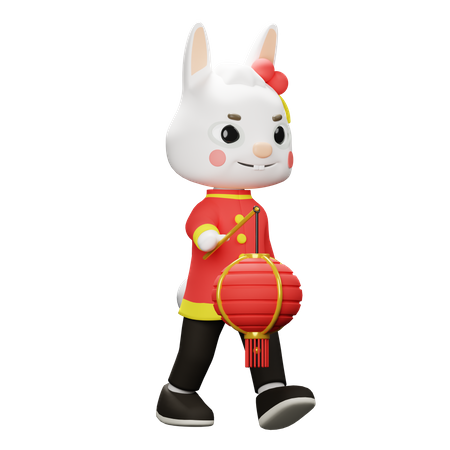 Lapin chinois apporte une lanterne  3D Illustration