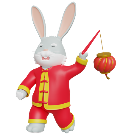 Lapin chinois apporte une lanterne  3D Illustration