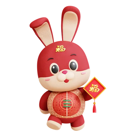 Lapin chinois avec médaille imlek  3D Illustration