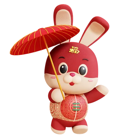 Lapin chinois avec parapluie  3D Illustration