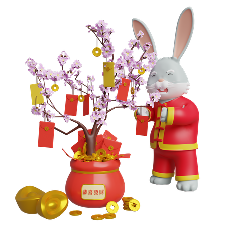 Un lapin chinois décore un arbre Sakura à l'aide d'une enveloppe  3D Illustration