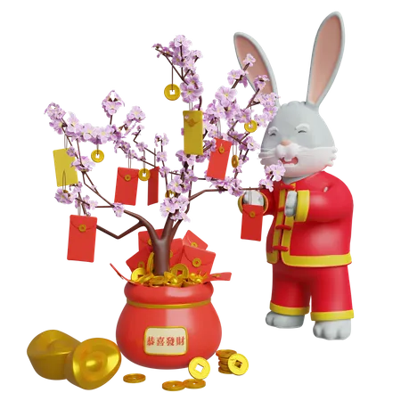 Un lapin chinois décore un arbre Sakura à l'aide d'une enveloppe  3D Illustration