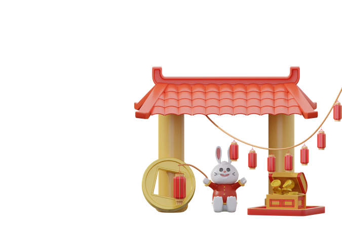 Lapin chinois tenant une lanterne chinoise  3D Icon