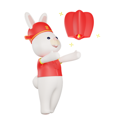 Lapin chinois volant une lanterne  3D Illustration