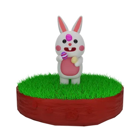 Lapin de Pâques jouant avec un œuf de Pâques  3D Illustration
