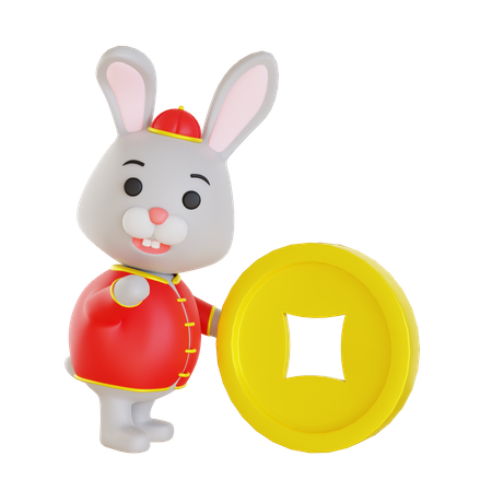 Lapin lunaire poussant une pièce de monnaie chinoise  3D Illustration