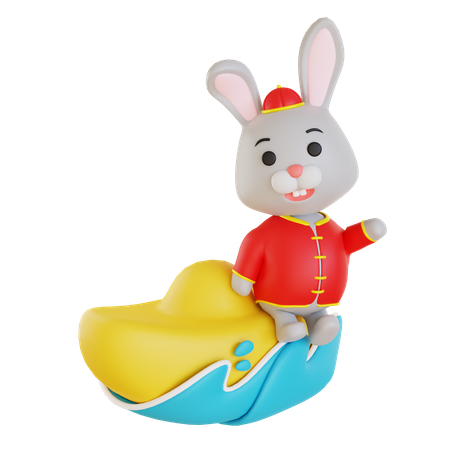 Lapin lunaire sur lingot chinois  3D Illustration