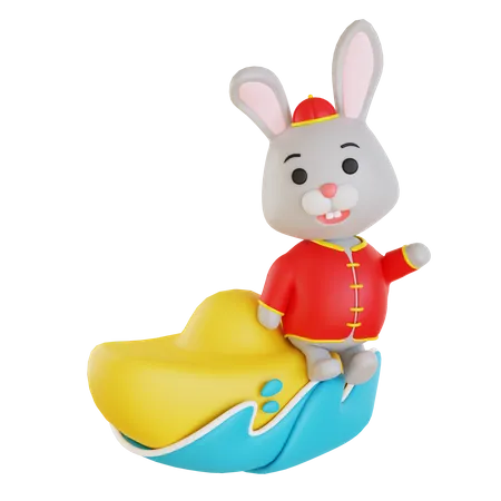 Lapin lunaire sur lingot chinois  3D Illustration