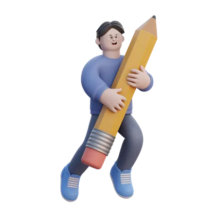 Homem abraçando lápis  3D Illustration