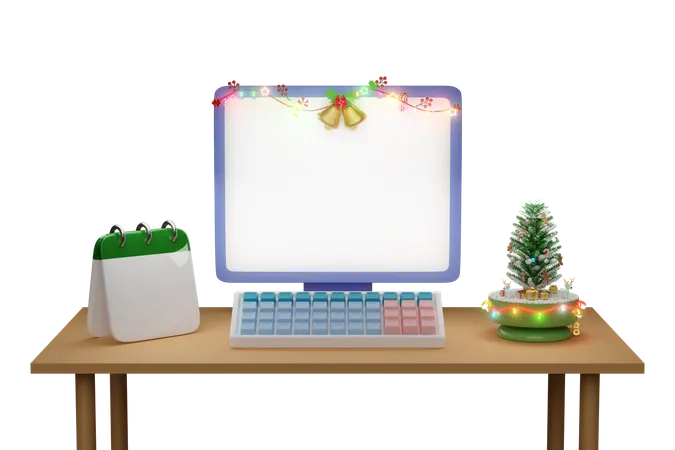 Laptop Computer With Christmas Tree Calendar Clear Glass Lantern Garlands On The Table Merry Christmas And Happy New Year 3 D Render Illustration 3D Icon
