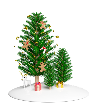 L'arbre de Noël est décoré de pain d'épices et de bâtons de bonbons  3D Illustration