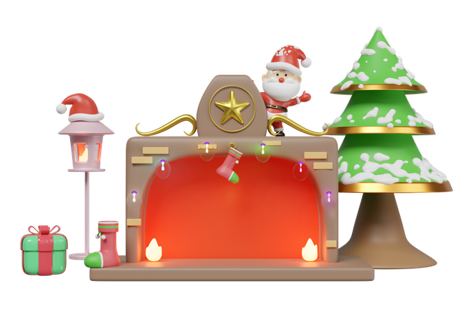 Lareira com Papai Noel  3D Illustration