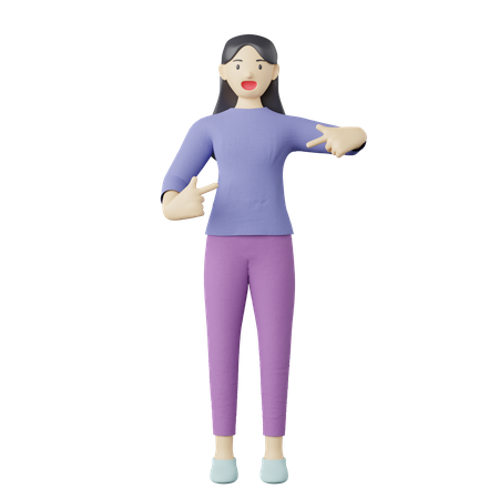 Lässige Frau zeigt mit dem Finger auf die Mitte  3D Illustration