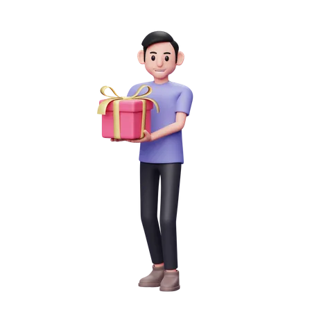 3 D Charakterdarstellung Eines Gelegenheitsmannes Der Beim Gehen Ein Rosa Geschenk Tragt Um Den Valentinstag Zu Feiern 3D Illustration