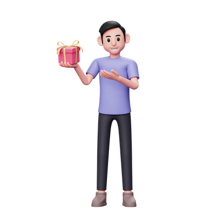 Legerer Mann zeigt ein kleines Valentinstagsgeschenk, das er mit seiner rechten Hand hält  3D Illustration