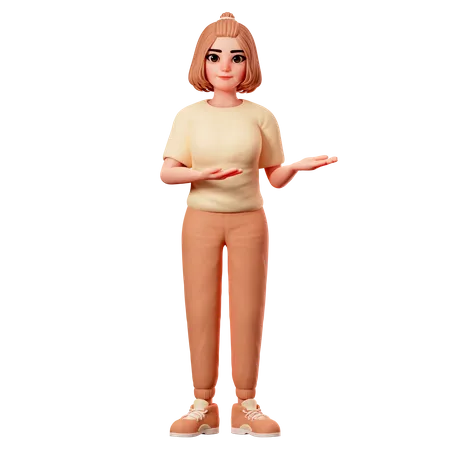 Lässiges Mädchen präsentiert auf der rechten Seite mit beiden Händen  3D Illustration
